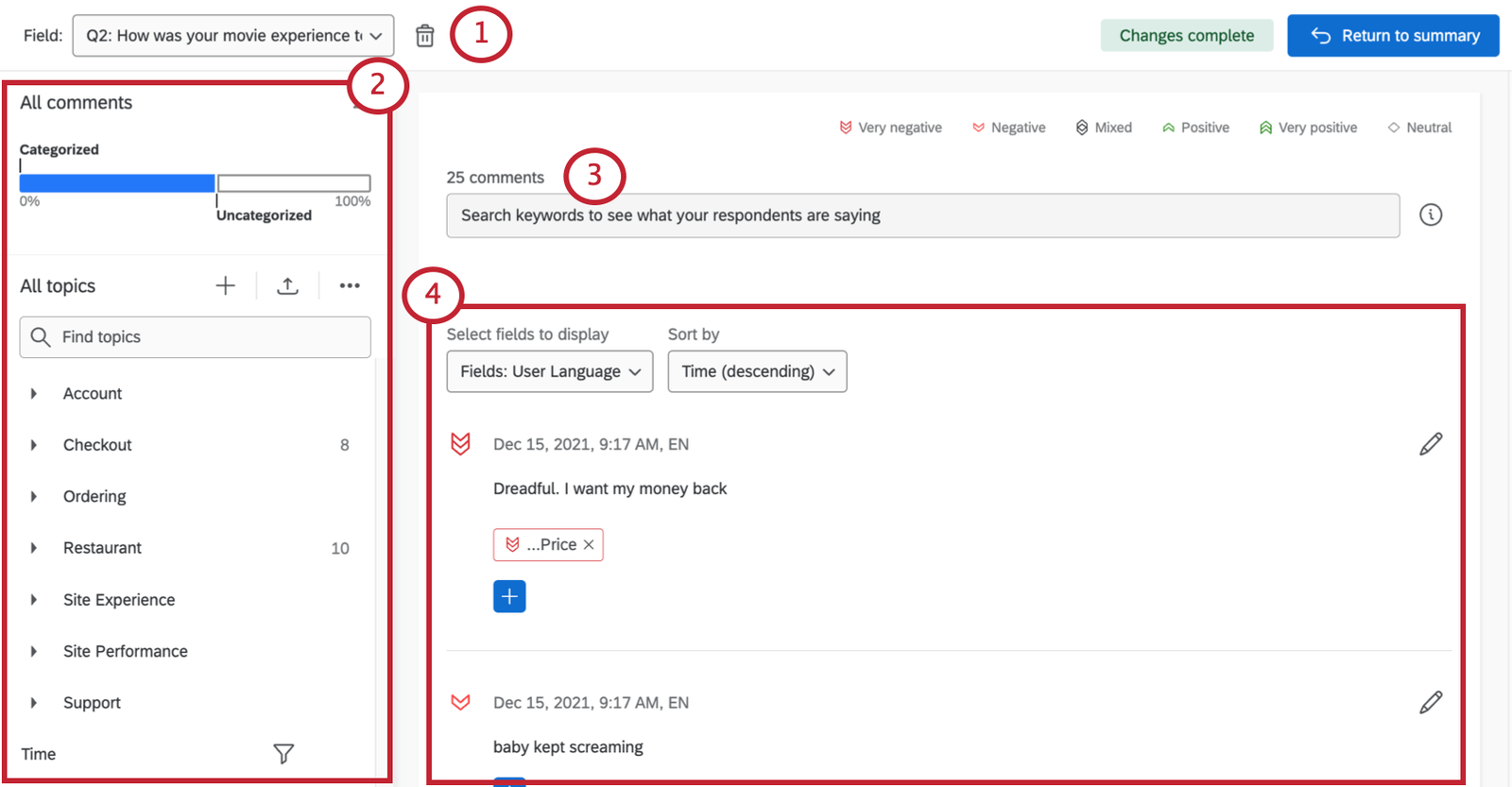 Qualtrics Text iQ screenshot showing the topics panel, keyword search and sentiment-labeled comments with topic tags