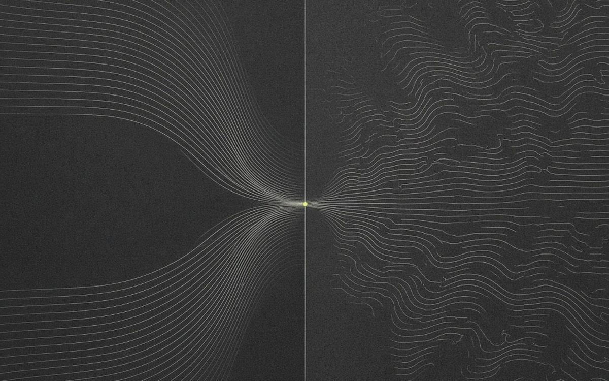 Abstract cover art: two charcoal contour fields side by side, one converging on a single lime anchor point, the other drifting apart and dissolving.