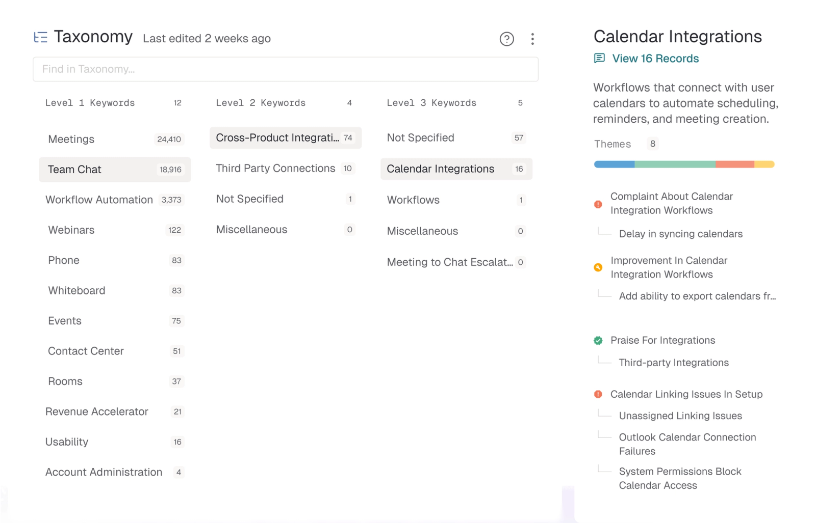 Enterpret Adaptive Taxonomy screenshot showing three levels of feedback categories with counts and a theme detail panel