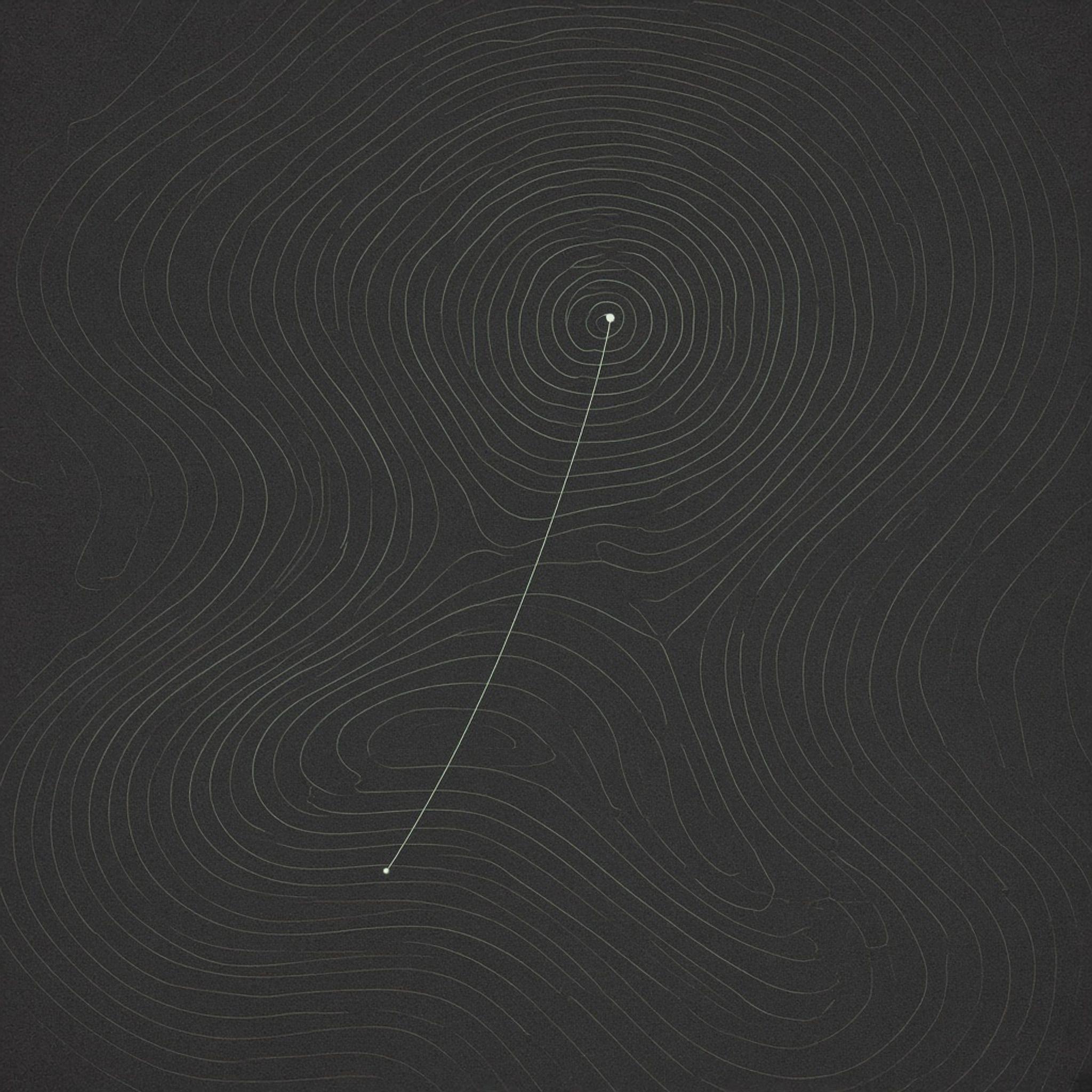 Abstract cover art: a charcoal field of concentric contour lines crossed by one pale hairline thread, linking a single bright finding down to its one source point.