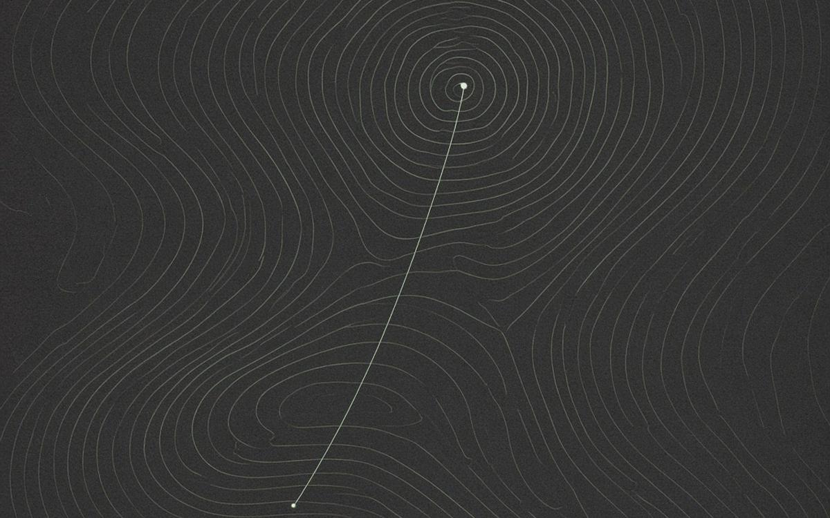 Abstract cover art: a charcoal field of concentric contour lines crossed by one pale hairline thread, linking a single bright finding down to its one source point.