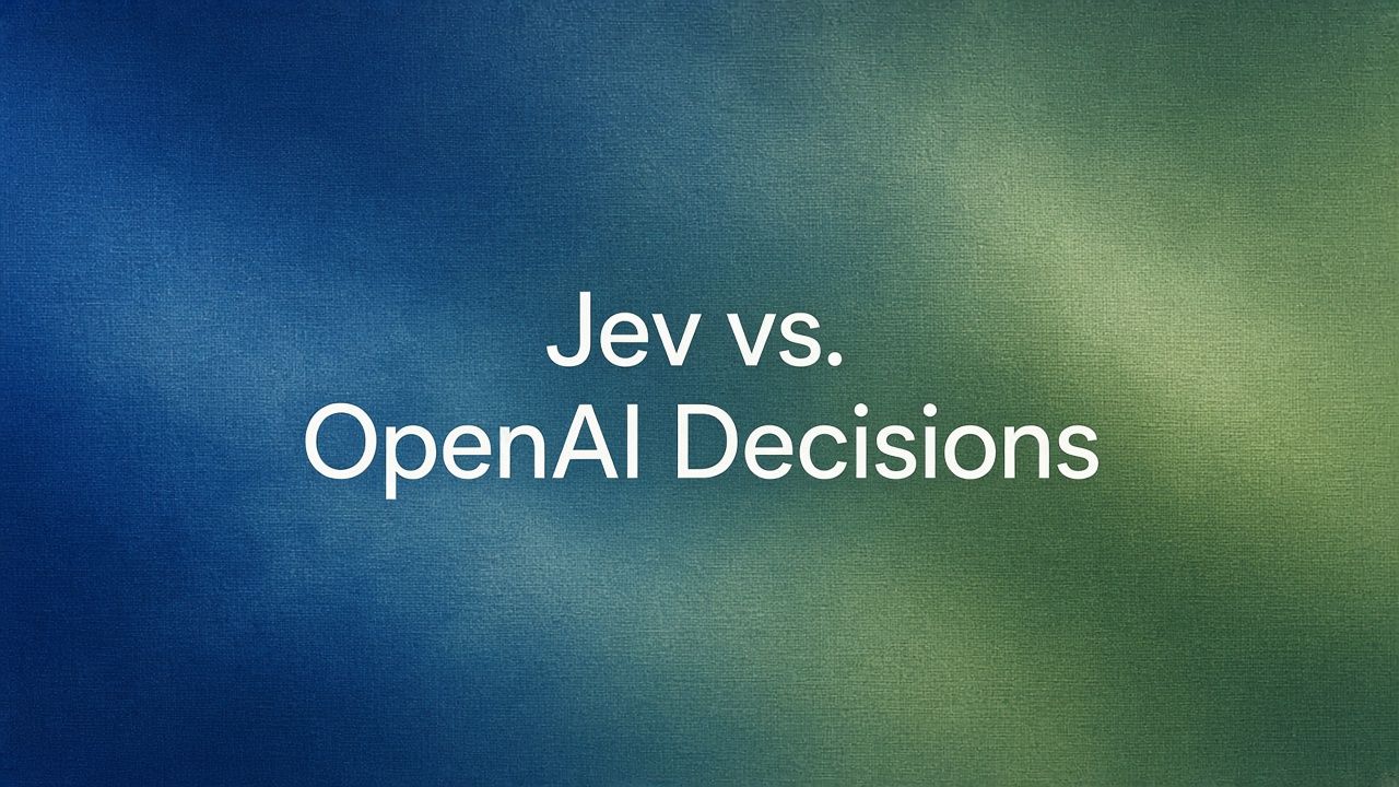 Abstract cover art: soft blue and green textured light with the words "Jev vs. OpenAI Decisions" in white.