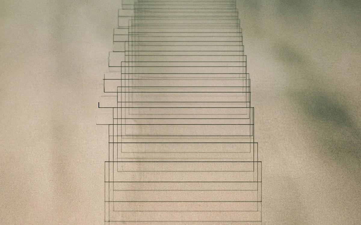 Abstract cover art: a tall nested hierarchy of stepped rows and hairline rules on warm sand, with two branches in focus, forming a coding frame.