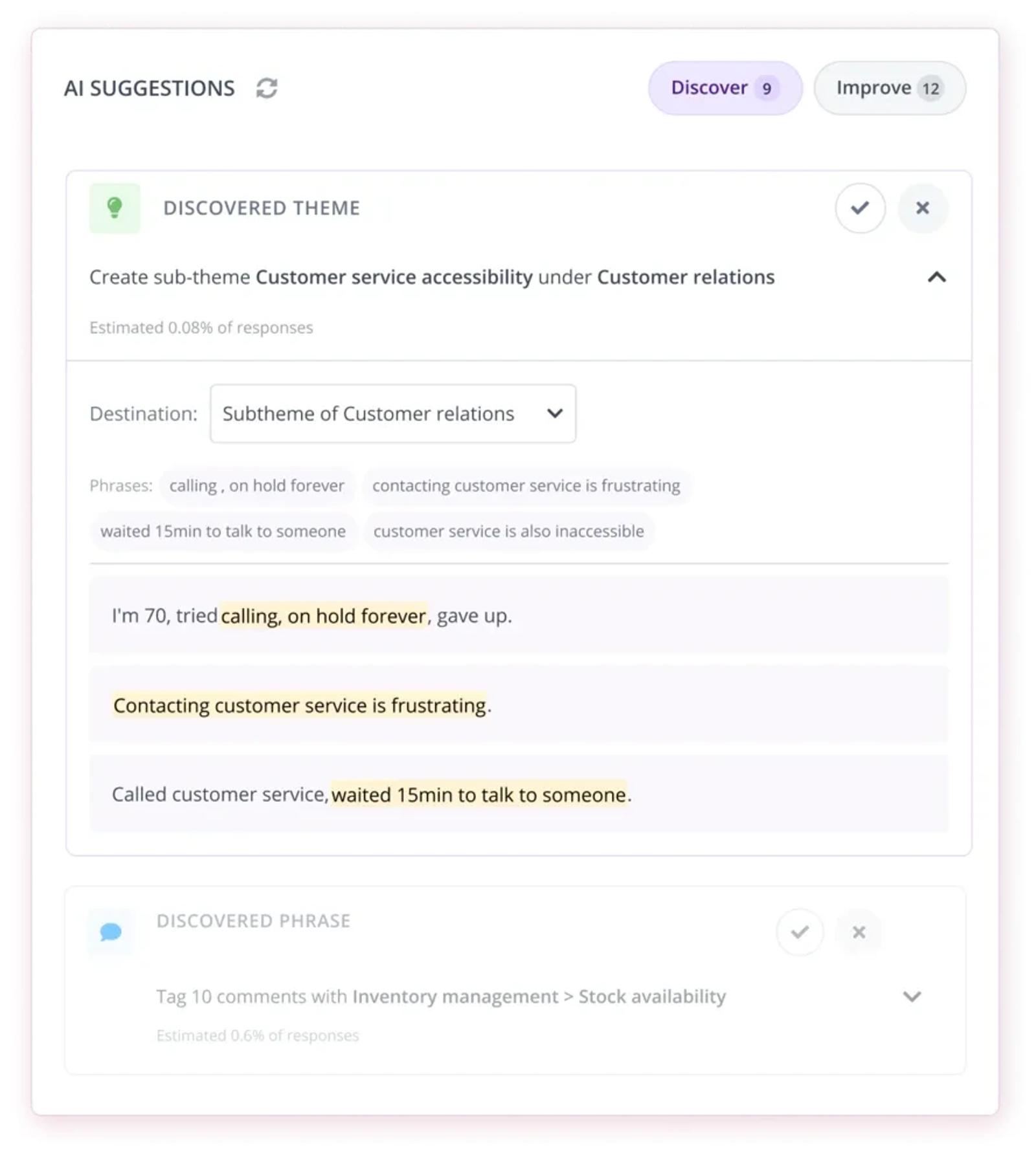 Thematic AI theme discovery screenshot showing a suggested sub-theme with its matching phrases and highlighted customer comments
