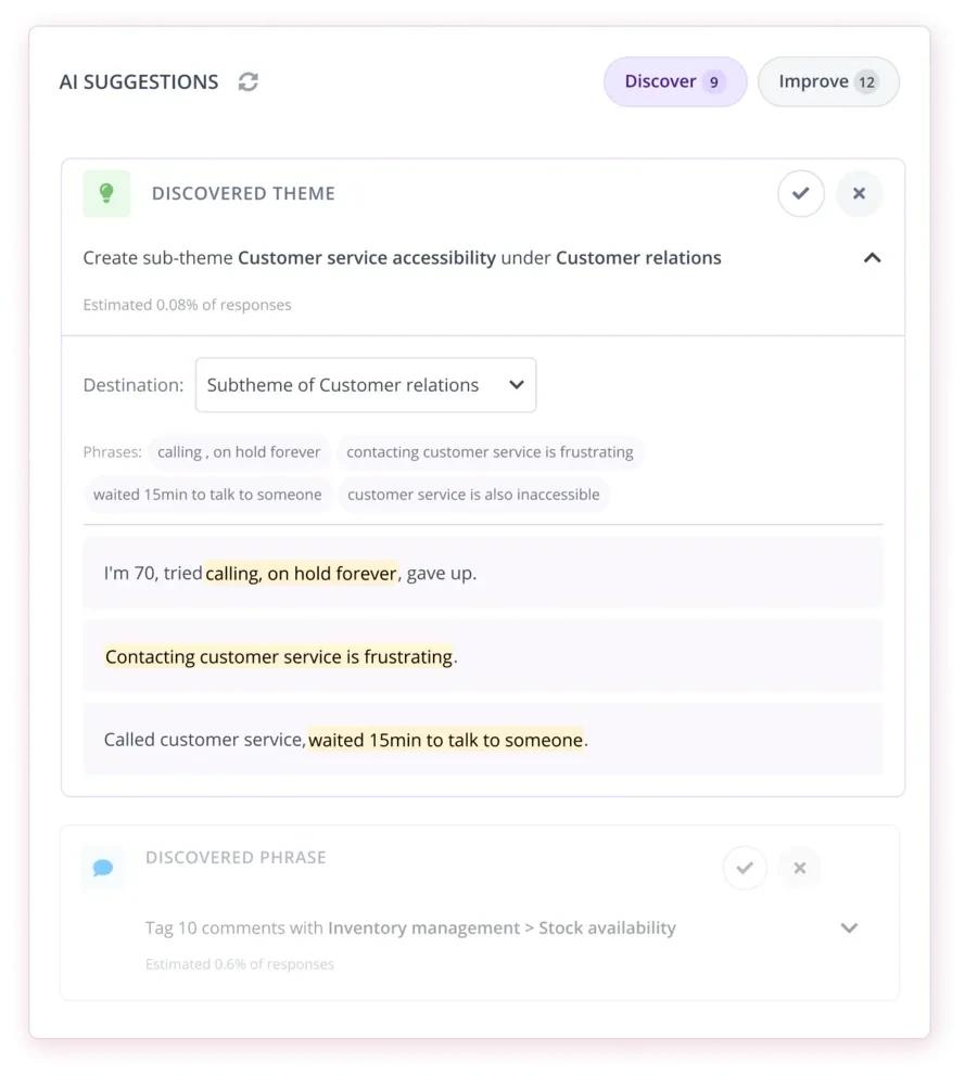 Thematic AI theme discovery screenshot showing a suggested sub-theme with its matching phrases and highlighted customer comments