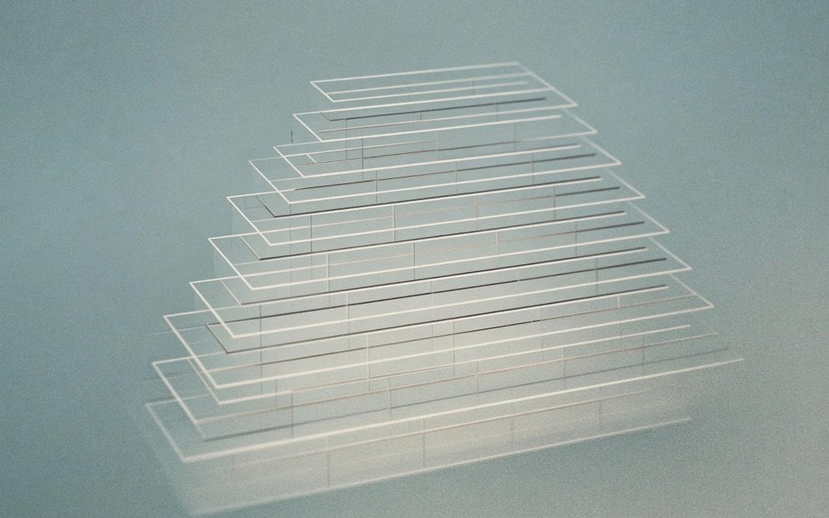 Abstract cover art: stacked rows on a blue-green ground, each stepped further in behind hairline rules, forming a nested verbatim code frame.