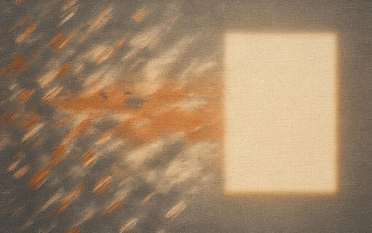 Abstract cover art: a burnt-orange progression from scattered strokes to consolidated bands to one slide-shaped rectangle, taking verbatims through to slides.