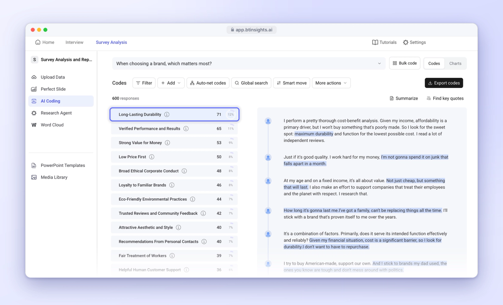 BTInsights AI Coding screenshot showing a code frame with response counts beside open-ended survey responses highlighted for the selected code