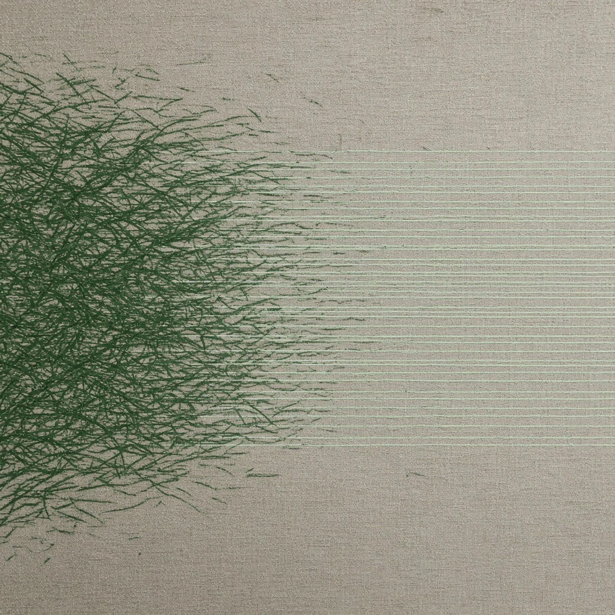Abstract cover art: a dense turbulent forest-green field settling left to right into clean evenly spaced lines, as raw research material becomes ordered work.