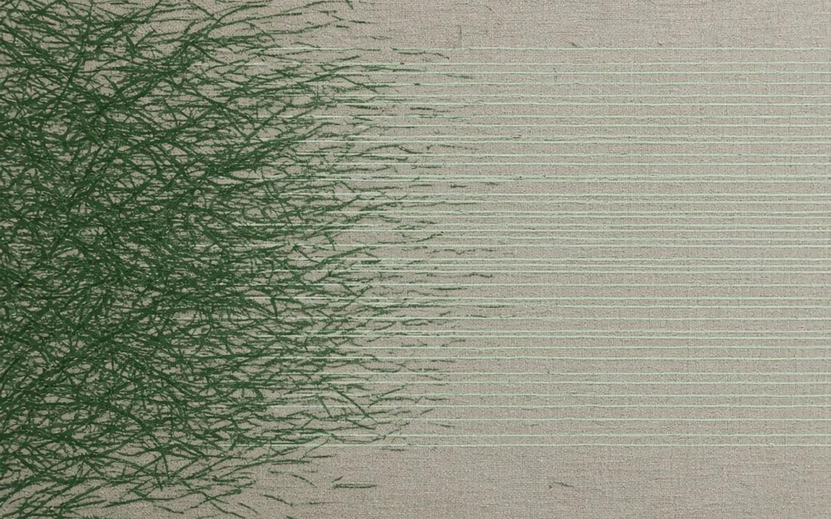 Abstract cover art: a dense turbulent forest-green field settling left to right into clean evenly spaced lines, as raw research material becomes ordered work.