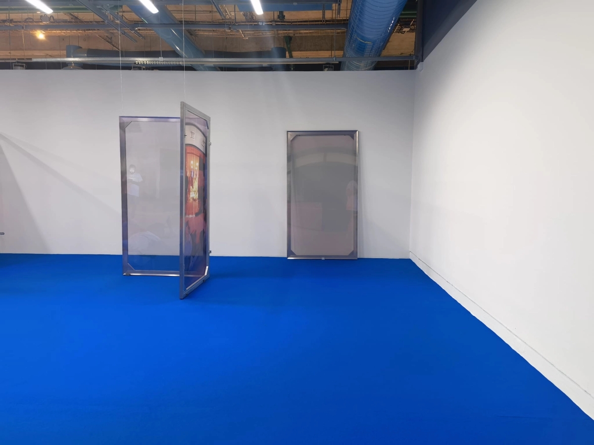 Leave No Trace (Athens) I-VIII 2022. Stainless steel, wood, digital print on chiffon; 110 cm x 200 cm each

