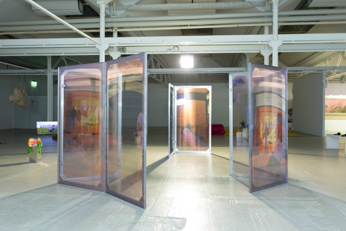 Leave No Trace (Athens) (I-VIII), 2022

110 cm x 200 cm each. Aluminium, wood, digital print on chiffon.

Freestanding Votive Flowers (I–VII), 2022

Optical fibres, paper and plastic flowers, programmed LED light grid, mirror polished stainless steel.



