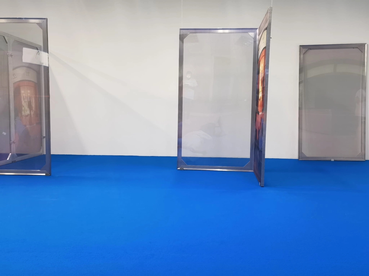 Leave No Trace (Athens) I-VIII 2022. Stainless steel, wood, digital print on chiffon; 110 cm x 200 cm each