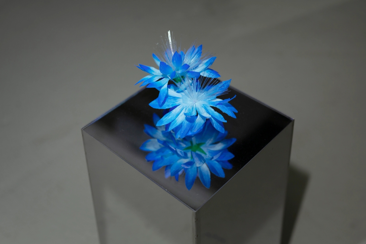 Freestanding Votive Flowers (I–VII), 2022

Optical fibres, paper and plastic flowers, programmed LED light grid, mirror polished stainless steel.



