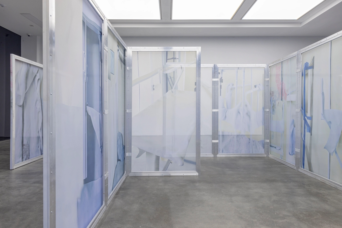  Enclosure (The Double Dream of Spring) (I-XXVIII), 2025, aluminum frame, digital prints on textile, acrylic, 220×125×3.8 cm each, 28 in total.  Photo: Yang Hao