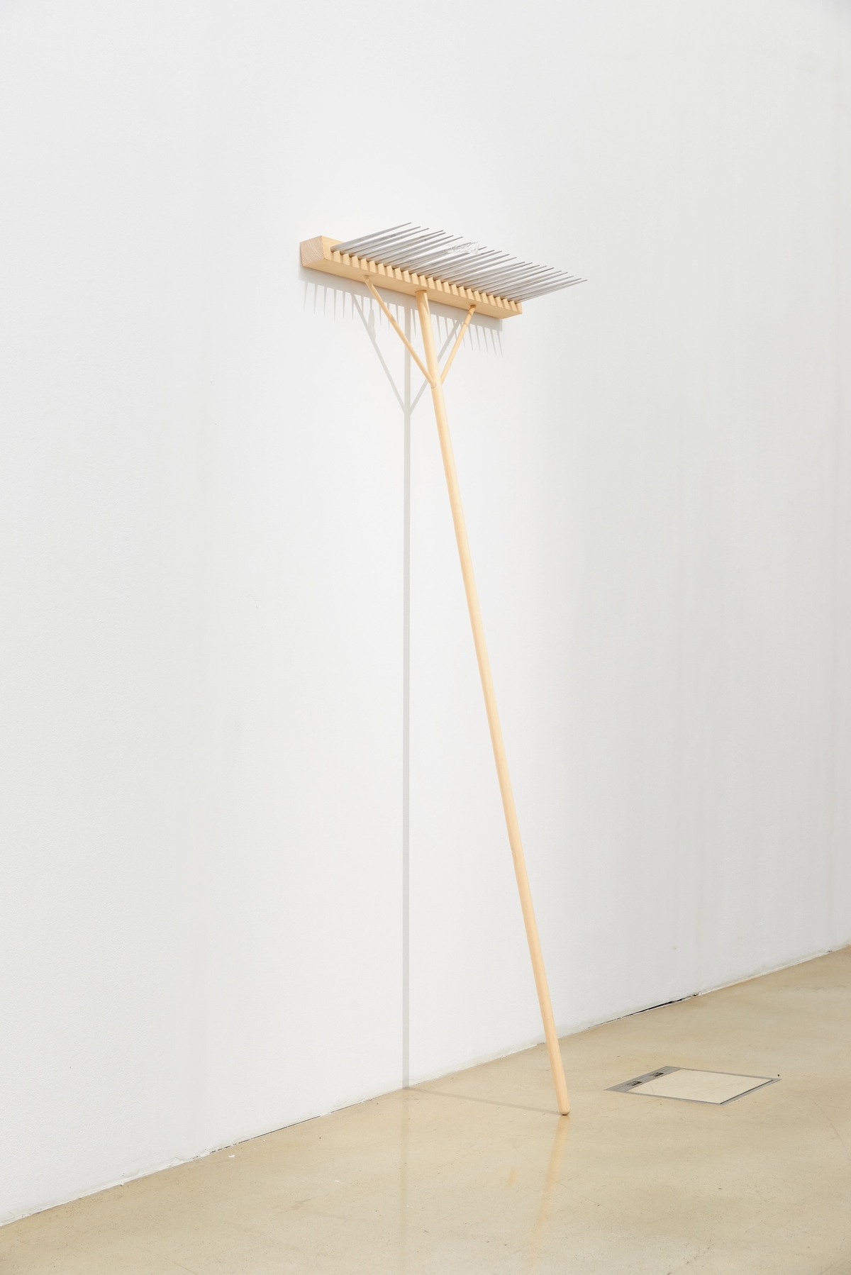 For when I look at you for a moment, then it is no longer possible for me to speak; my tongue has snapped, at once a subtle fire has stolen beneath my flesh, I see nothing with my eyes, my ears hum, sweat pours from me, a trembling seizes me all over, I am greener than grass, and it seems to me that I am a little short of dying. (I–II), 2019 Spruce wood, polished steel, deformed lab glass