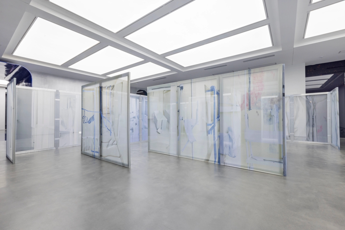  Enclosure (The Double Dream of Spring) (I-XXVIII), 2025, aluminum frame, digital prints on textile, acrylic, 220×125×3.8 cm each, 28 in total.  Photo: Yang Hao