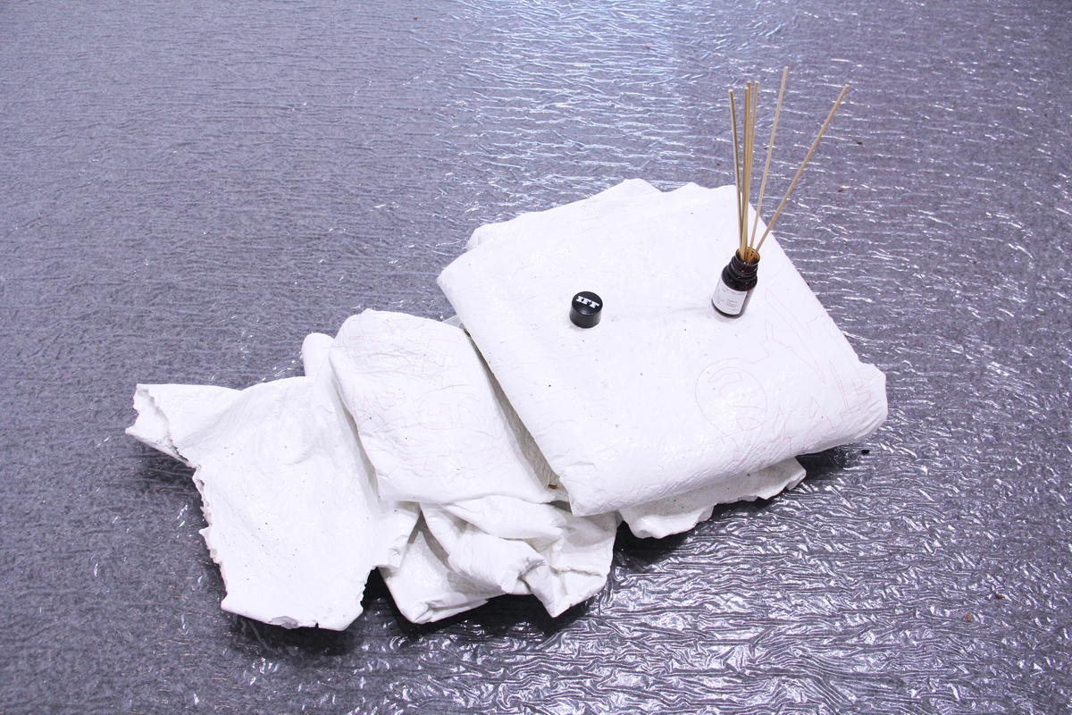 Ai reconstruct Ai bed frame from the broken pieces of old regimes., 2016


CONCRETE, ACRYLIC PAINT, GRAFFITI MARKER (73 x 45 x 17 cm) 


 A cyclone in a house erected for perpetuity, 2016

 IFF LAB SAMPLE BOTTLE  [PRODUCED IN COLLABORATION WITH CLEMENCE DE LA TOUR DU PIN AND INTERNATIONAL FLAVOURS AND FRAGRANCES INC. NEW YORK], DIFFUSER STICKS (25 x 3.5 x 3.5 cm)