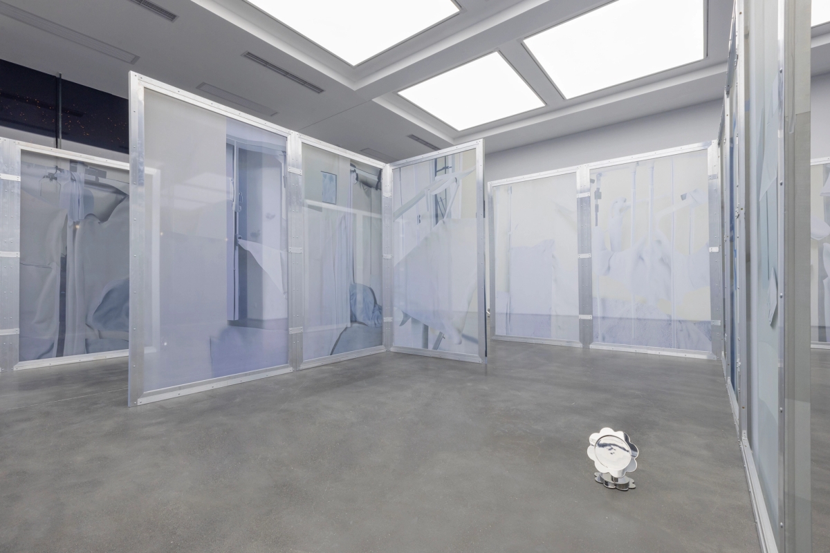 Enclosure (The Double Dream of Spring) (I-XXVIII), 2025, aluminum frame, digital prints on textile, acrylic, 220×125×3.8 cm each, 28 in total.  

Yield (twinning), 2025, stainless steel cast from a found object, 17×16×14 cm each, 15 in total.  Photo: Yang Hao