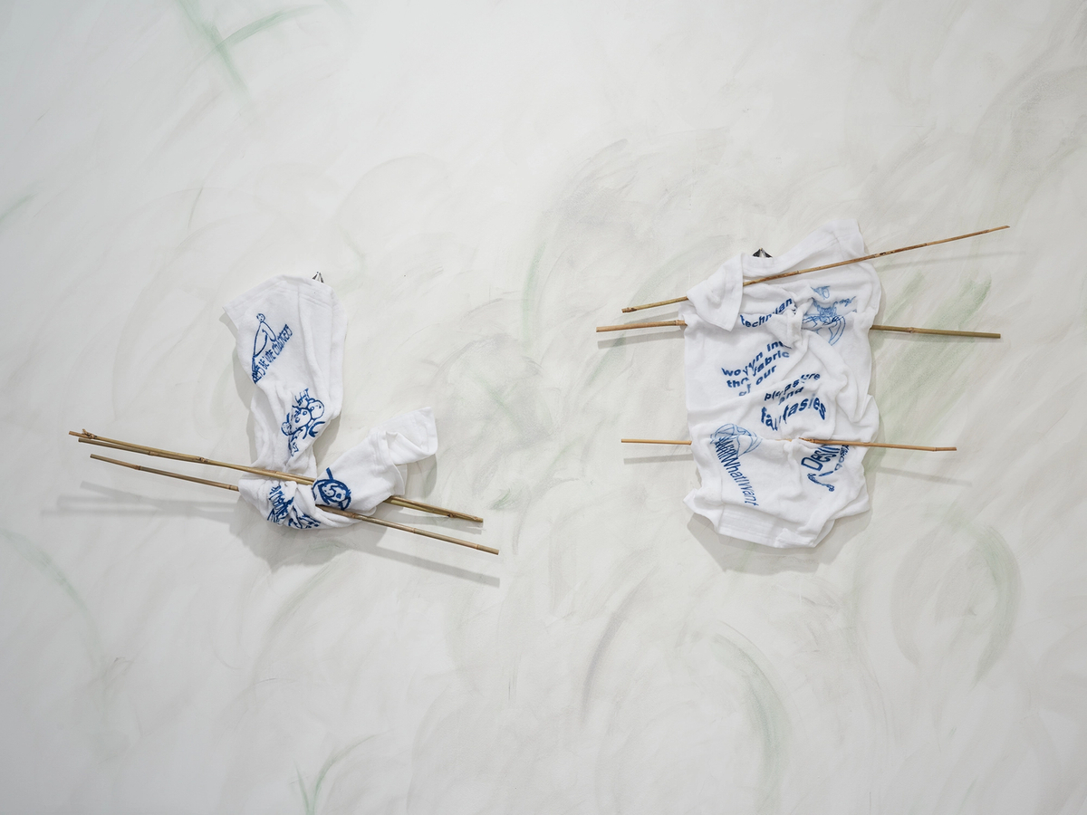 Egle Kulbokaite and Dorota Gaweda, For a Future X (I), 2016, Embroidery, towel, paraffin wax, bamboo sticks, 21 x 35 in, 53 x 90 cm
        Egle Kulbokaite and Dorota Gaweda, For a Future X (II), 2016, Embroidery, towel, paraffin wax, bamboo sticks, 28 x 35 in, 71 x 90 cm