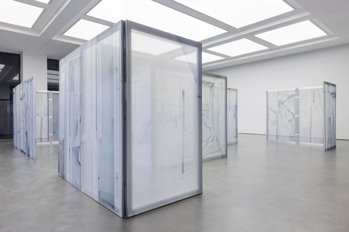  Enclosure (The Double Dream of Spring) (I-XXVIII), 2025, aluminum frame, digital prints on textile, acrylic, 220×125×3.8 cm each, 28 in total.  Photo: Yang Hao