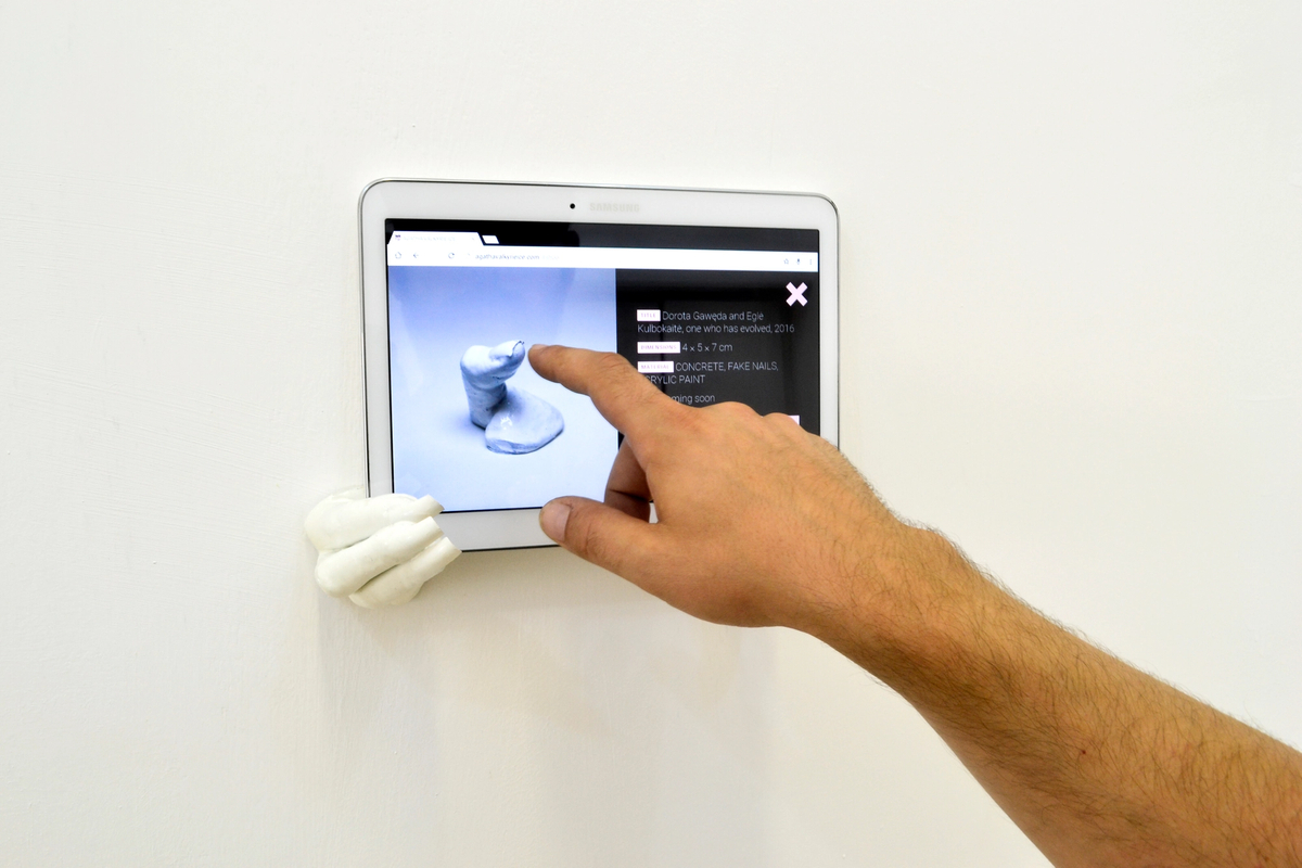 Dorota Gawęda and Eglė Kulbokaitė explores, crosses, transites, 2016, CONCRETE, FAKE NAILS, ACRYLIC PAINT (8 X 6 X 7 cm) Dorota Gawęda and Eglė Kulbokaitė one who has evolved, 2016, CONCRETE, FAKE NAILS, ACRYLIC PAINT ( 4 x 5 x 7 cm) Dorota Gawęda, Eglė Kulbokaitė agathavalkyrieice.com, 2016, website developed with PWR studios