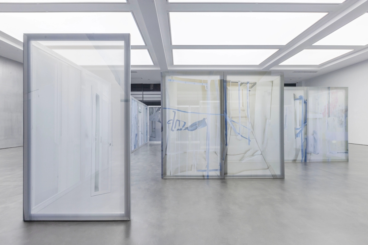 Dorota Gawęda and Eglė Kulbokaitė, Enclosure (The Double Dream of Spring) (I-XXVIII), 2025, aluminum frame, digital prints on textile, acrylic, 220×125×3.8 cm each, 28 in total.  Photo: Yang Hao