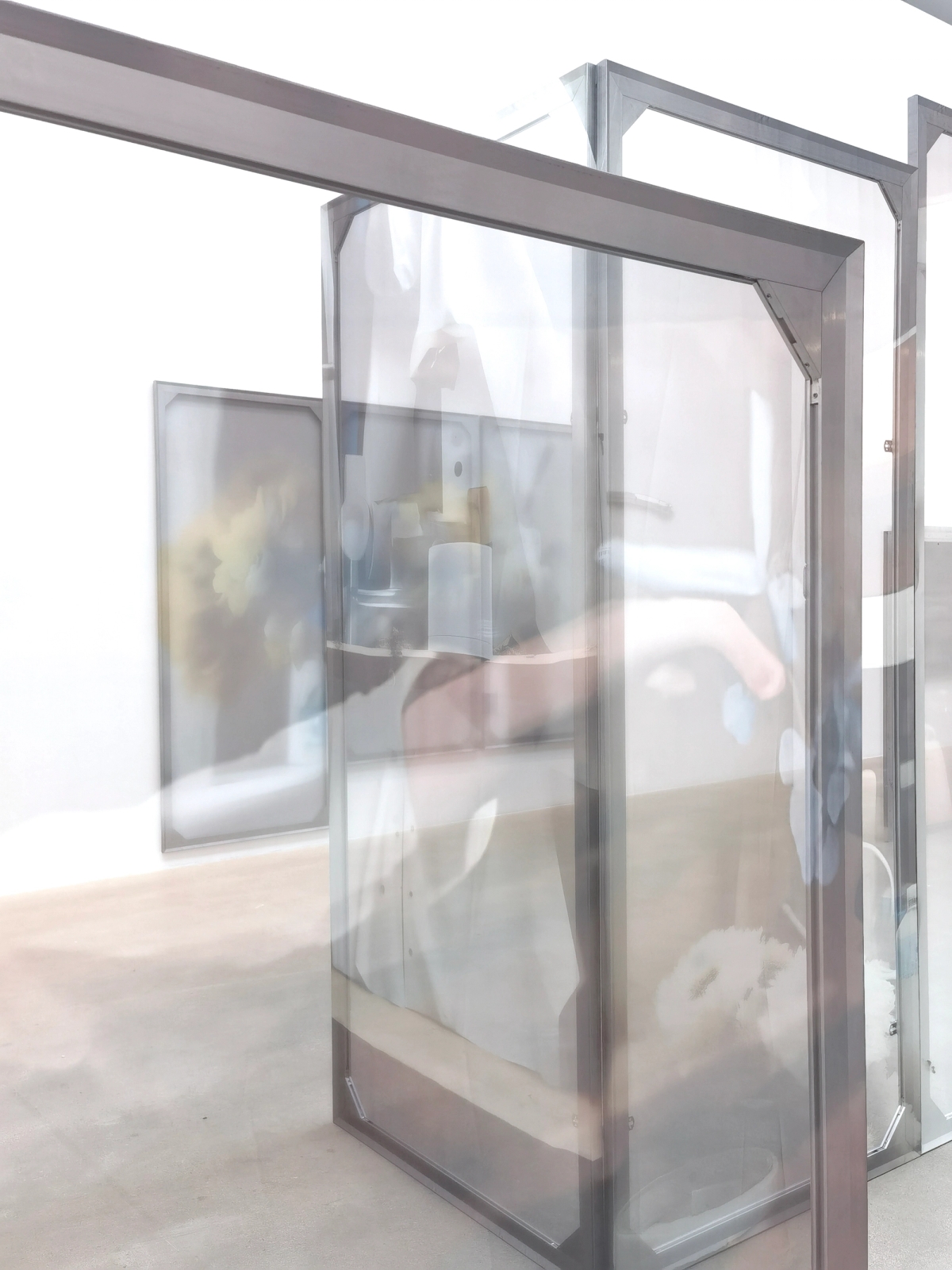 Enclosure (Dressed in dust) II,
2024
280 x 120 cm

Enclosure (Dressed in dust) I,
2024
280 x 120 cm

Enclosure (Dressed in dust) III,
2024
300 x 120 cm

Enclosure (Lower bound of a
landscape) VI, 2023
Aluminium, wood, digital print on
chiffon
200 x 110 x 4 cm

Enclosure (Lower bound of a
landscape) V, 2023
Aluminium, wood, digital print on
chiffon
200 x 110 x 4 cm