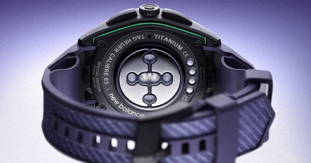 TAG Heuer x New Balance smartwatch featuring GPS running tracking and wellness capabilities