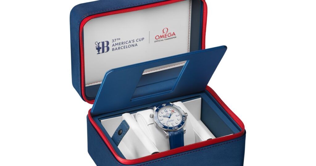 Omega America's Cup Special Edition luxury watch in blue commemorative presentation box