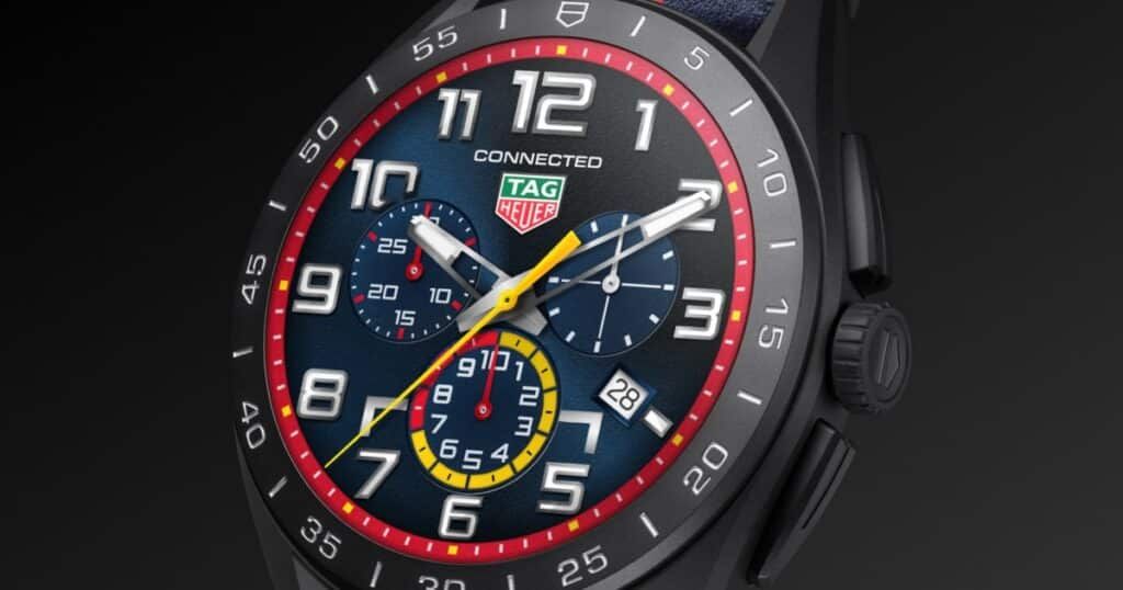 TAG Heuer Connected watch showing Oracle Red Bull Racing app features and F1 interface