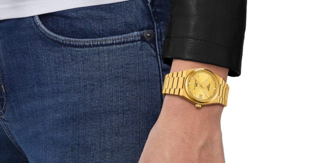 Tissot PRX 35mm women's watch with waffle dial and integrated steel bracelet