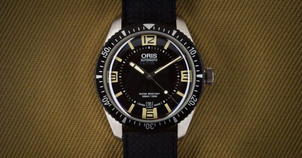 Oris Divers Sixty-Five vintage dial showing original 1965 tool watch design heritage
