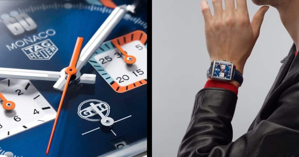 TAG Heuer Monaco Chronograph Gulf edition luxury watch with square case and blue-orange design
