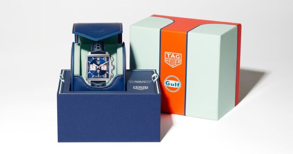 TAG Heuer Monaco Gulf Special Edition luxury watch with iconic square case and blue dial