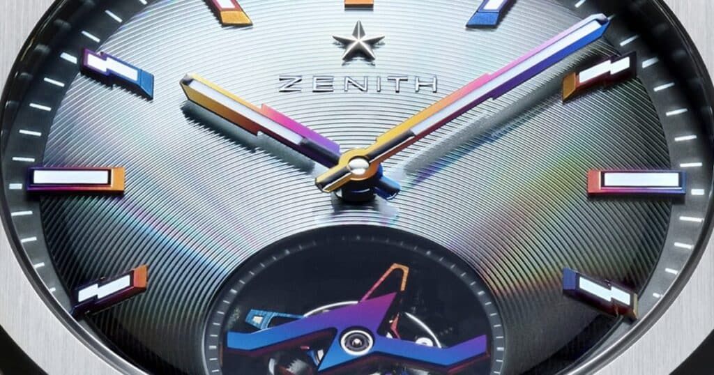 Iridescent sapphire dial with pixelated motifs on Zenith Felipe Pantone luxury timepiece