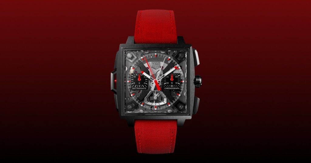 Luxury chronograph watches displayed at Formula 1 racing event for collectors