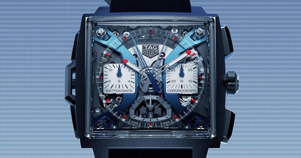Red sapphire crystal dial of TAG Heuer Monaco F1 chronograph showing skeletonized movement