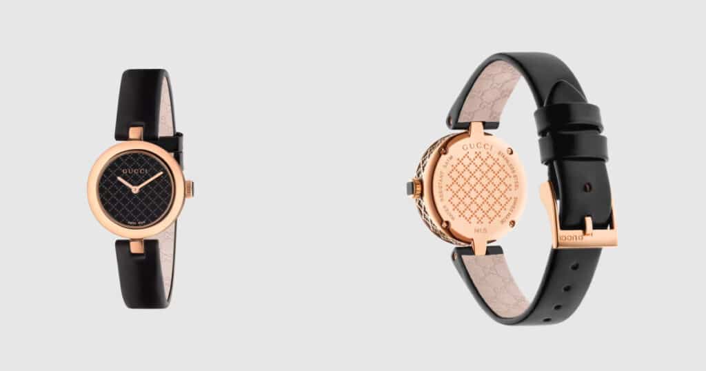 Gucci Diamantissima luxury women's watch with engraved Diamante pattern bezel