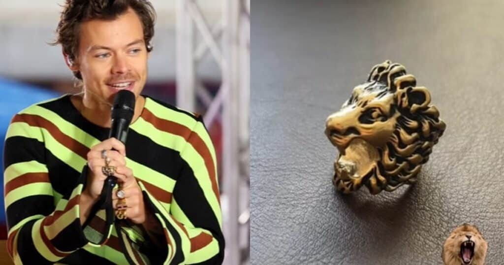 Harry Styles wearing Gucci statement rings and luxury jewelry