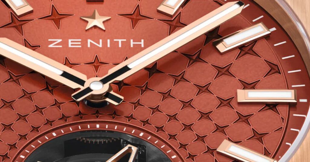 Zenith DEFY Skyline Tourbillon rose gold luxury watch movement with brick red dial