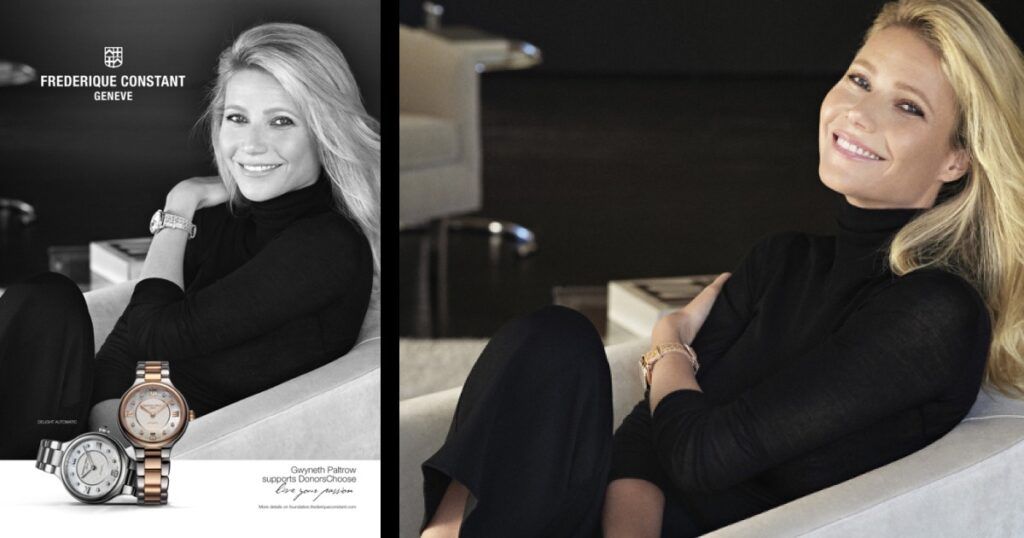 Gwyneth Paltrow wearing Frédérique Constant luxury watch as brand charity ambassador