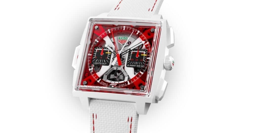 TAG Heuer Monaco Split-Seconds F1 chronograph with white ceramic case and red sapphire dial