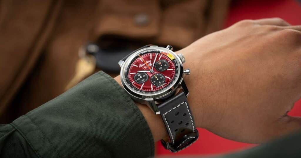 Breitling 41mm stainless steel chronograph case with domed sapphire crystal close-up view
