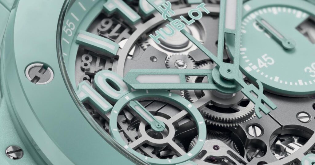 Mint green ceramic Hublot Big Bang Unico watch showcasing unique color and openwork dial