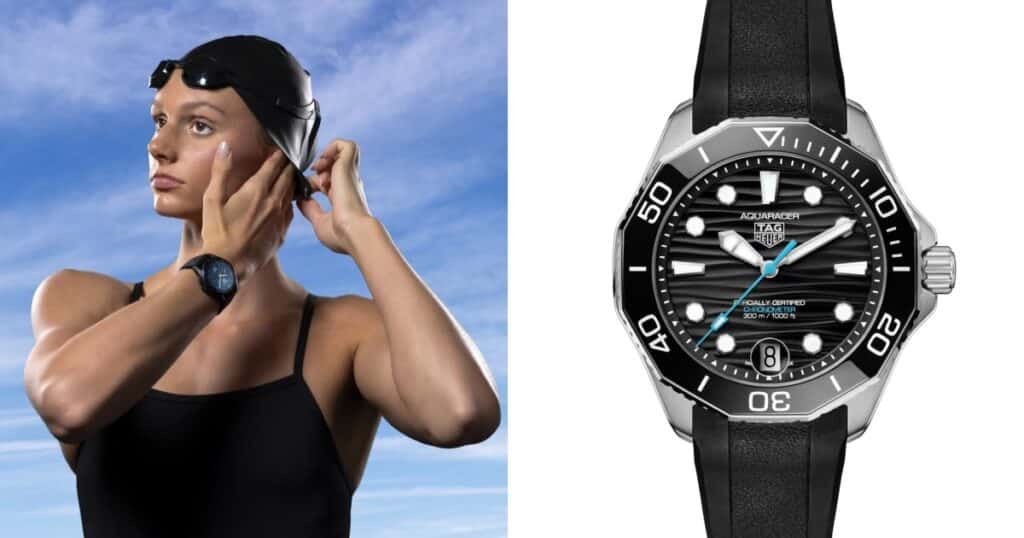 Canadian Olympic swimmer Summer McIntosh wearing TAG Heuer Aquaracer diamond-set luxury watch