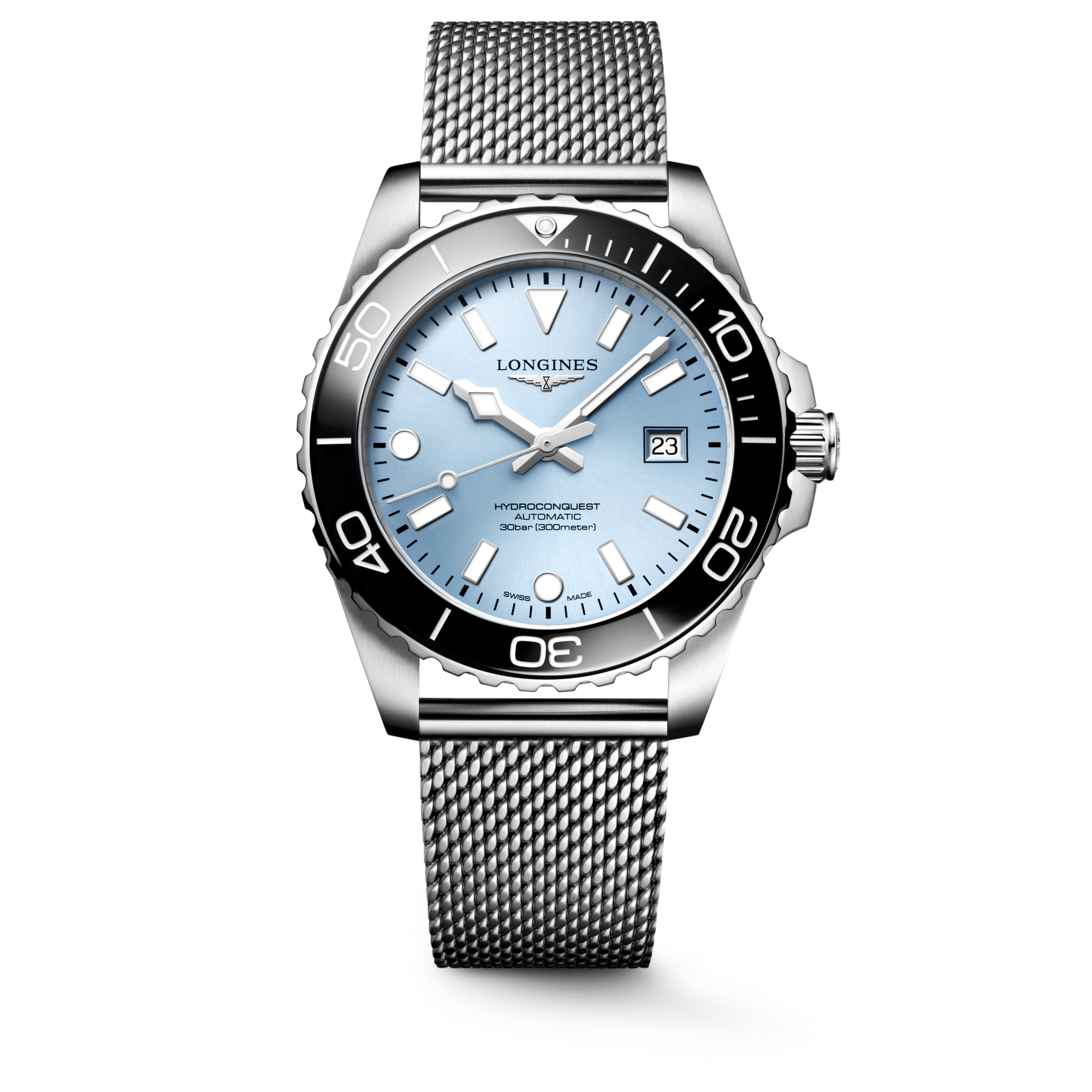 Longines HydroConquest 42mm frosted blue sunray dial luminous blue ceramic bezel ref L3.788.4.99.6