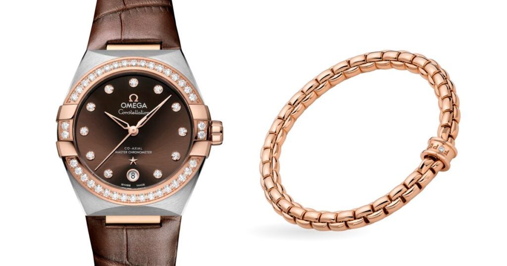 Frederique Constant ladies watch styled with Mikimoto pearls and FOPE gold jewelry