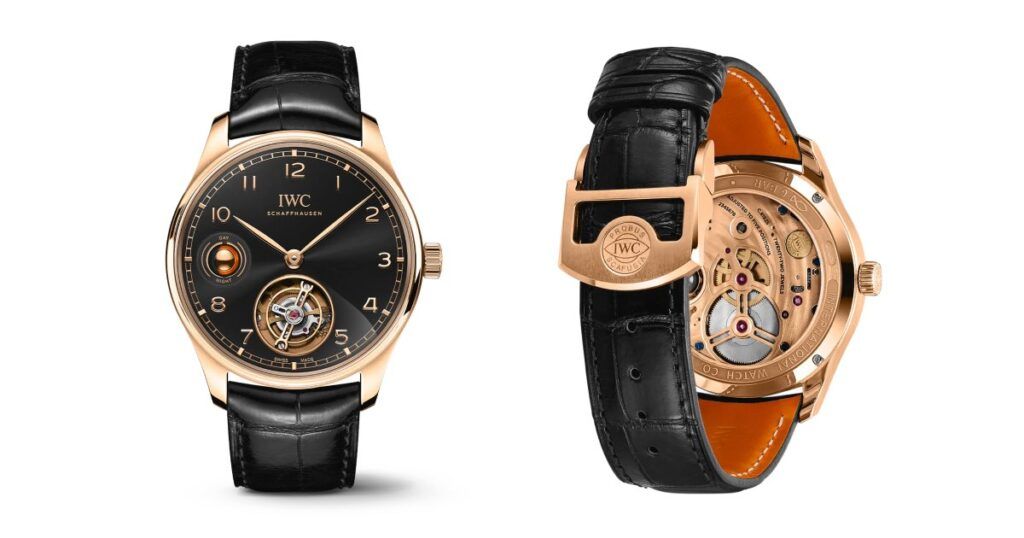 Manual wind luxury watch with exposed mechanical movement and winding crown