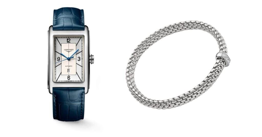 Longine luxury watch paired with Fope diamond tennis bracelet on wrist